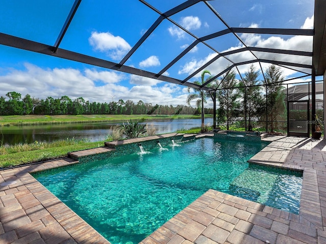 view of swimming pool with pool water feature, a water view, and a lanai