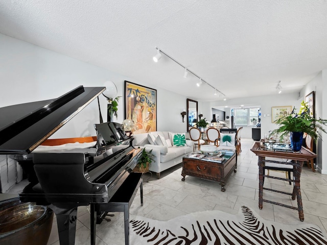 living room with a textured ceiling and track lighting