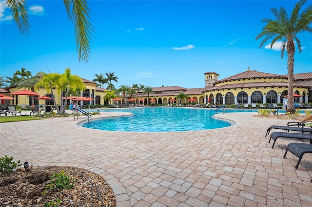 view of swimming pool with a patio