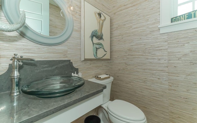 bathroom featuring vanity, tile walls, and toilet