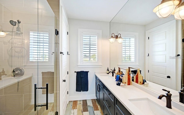 bathroom with walk in shower, vanity, and hardwood / wood-style flooring