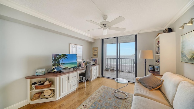 office space with floor to ceiling windows, ceiling fan, light hardwood / wood-style flooring, crown molding, and a textured ceiling