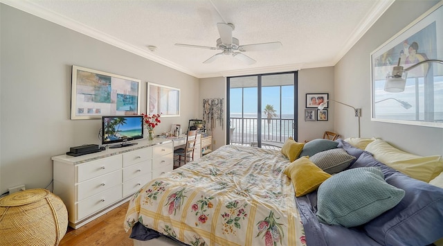 bedroom with access to exterior, ceiling fan, crown molding, a textured ceiling, and light wood-type flooring