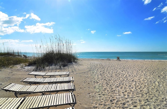 view of community with a beach view and a water view