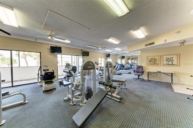 exercise room featuring a textured ceiling, carpet floors, and ceiling fan