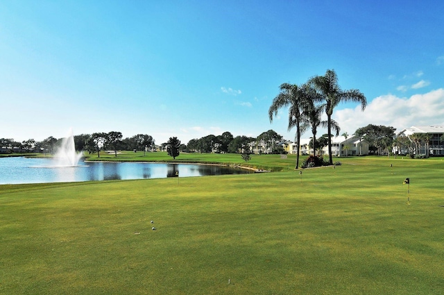 view of community featuring a water view and a yard