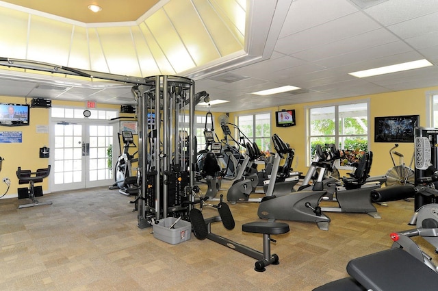 workout area featuring french doors and light colored carpet