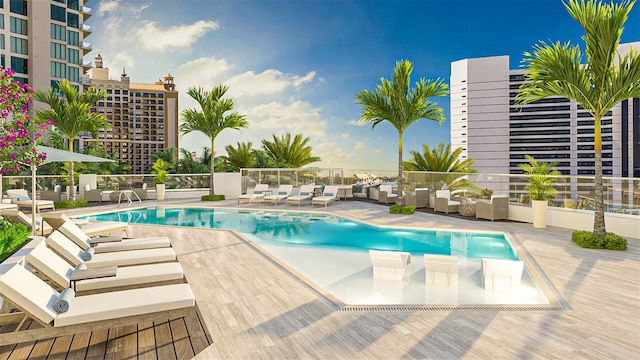 view of swimming pool featuring a patio area