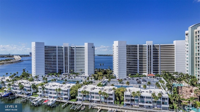 view of building exterior with a water view