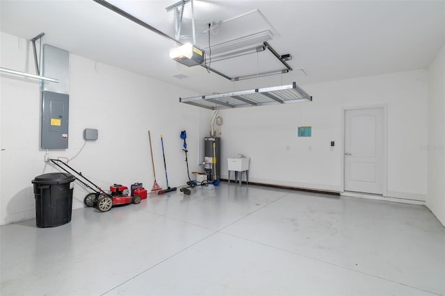 garage with gas water heater, electric panel, a garage door opener, and sink