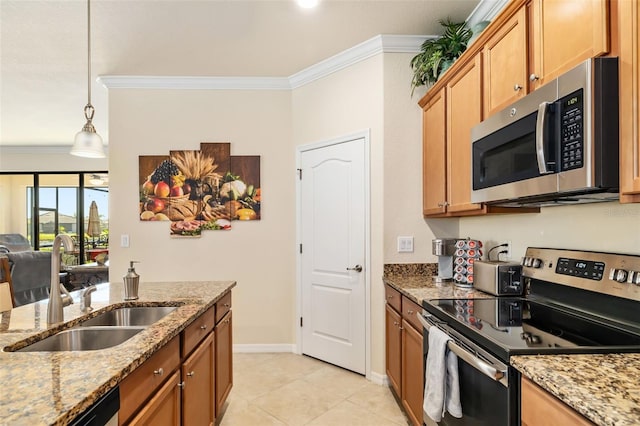 6517 Willowshire Way, Bradenton, FL 34212 - kitchen with appliances with stainless steel finishes, ornamental molding, a sink, light stone countertops, and light tile patterned flooring
