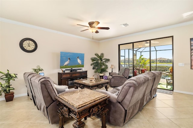 6517 Willowshire Way, Bradenton, FL 34212 - living area with a ceiling fan, light tile patterned floors, ornamental molding, and baseboards