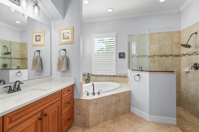 bathroom featuring independent shower and bath, vanity, tile patterned floors, and ornamental molding