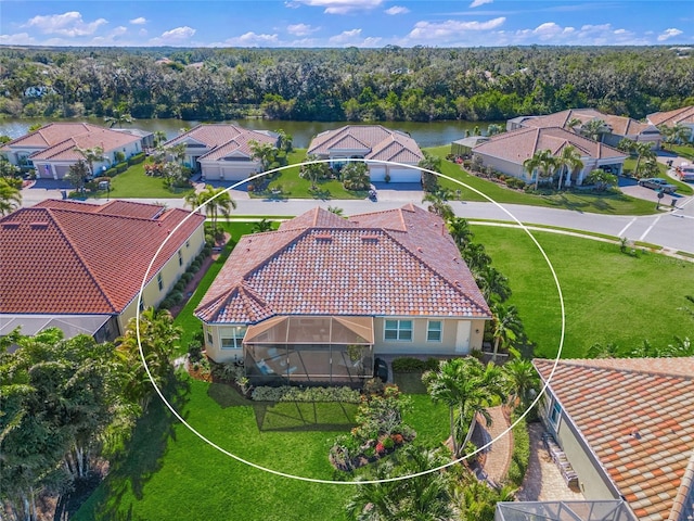 drone / aerial view featuring a water view