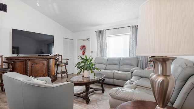 living room with a textured ceiling and lofted ceiling