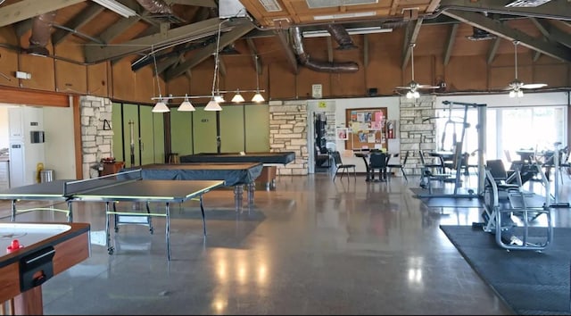 game room with concrete floors, high vaulted ceiling, ceiling fan, and pool table