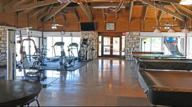 gym with ceiling fan, french doors, high vaulted ceiling, wood ceiling, and pool table