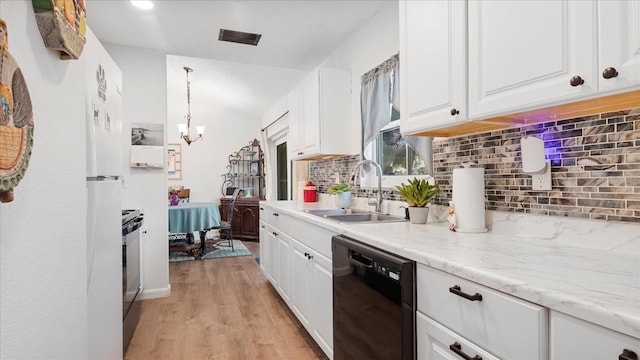 kitchen featuring decorative backsplash, sink, black appliances, light hardwood / wood-style flooring, and white cabinetry