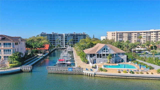 exterior space with a water view