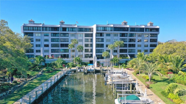 view of building exterior featuring a water view