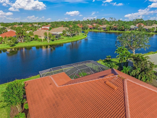 drone / aerial view featuring a water view