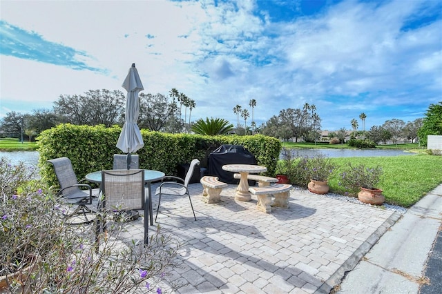 view of patio / terrace featuring a water view