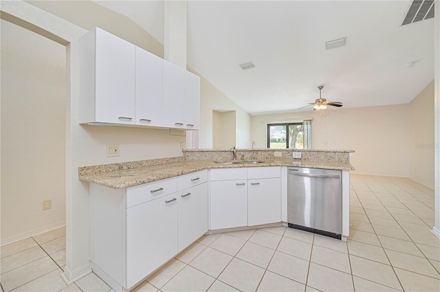 kitchen with dishwasher, kitchen peninsula, sink, ceiling fan, and white cabinetry