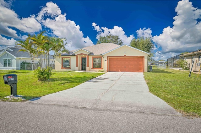 view of front of property with a front yard and a garage