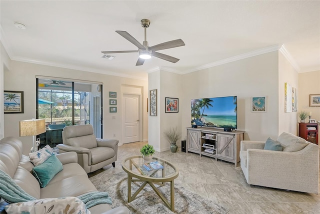 living area featuring baseboards, visible vents, a ceiling fan, and ornamental molding