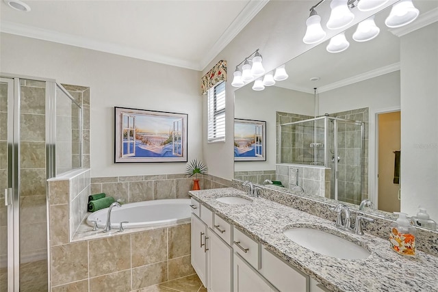 bathroom featuring vanity, shower with separate bathtub, and crown molding