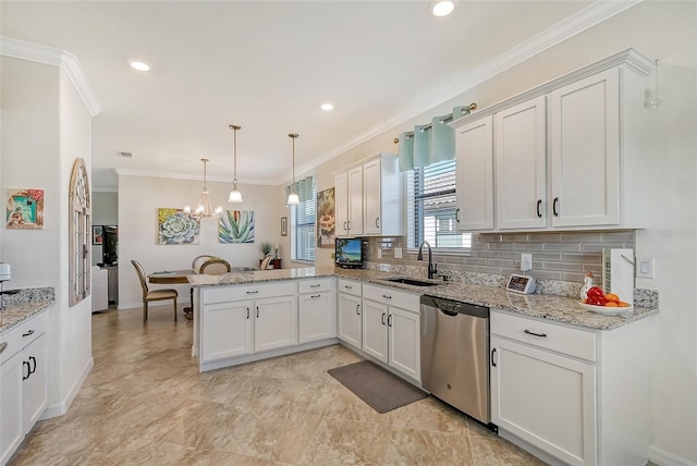 kitchen with a peninsula, a sink, ornamental molding, dishwasher, and tasteful backsplash