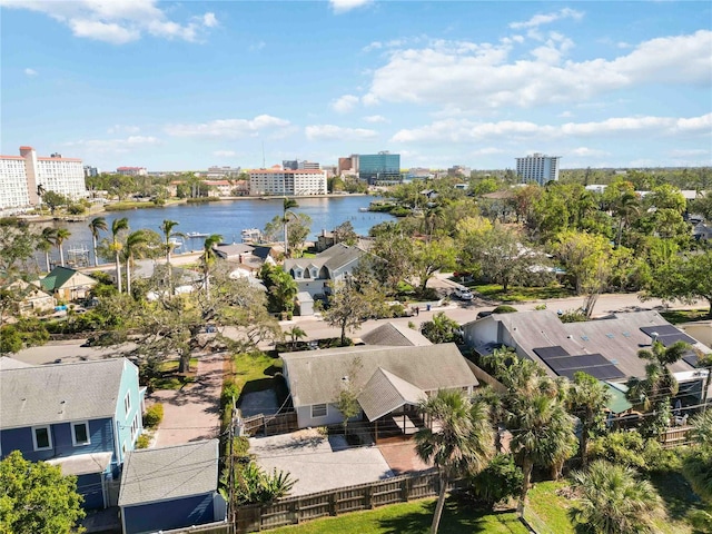 drone / aerial view featuring a water view