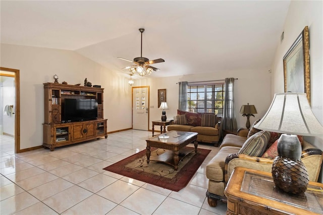 tiled living room with vaulted ceiling and ceiling fan