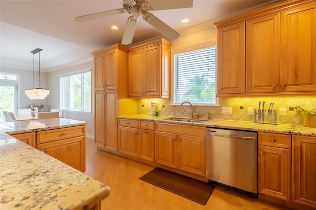 kitchen with backsplash, crown molding, sink, stainless steel dishwasher, and light hardwood / wood-style floors