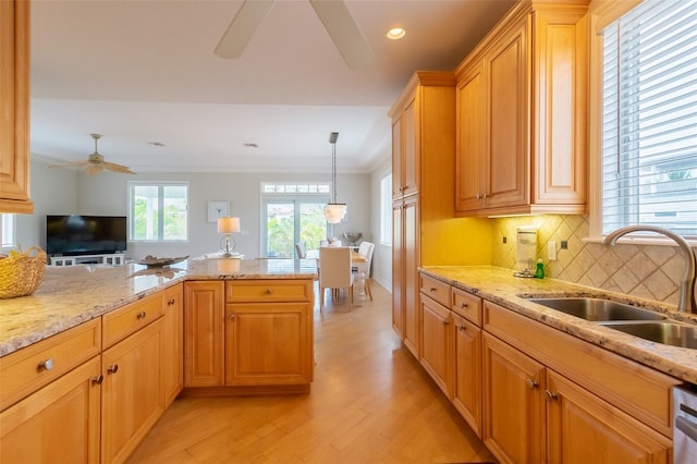 kitchen featuring sink, hanging light fixtures, crown molding, light hardwood / wood-style floors, and decorative backsplash