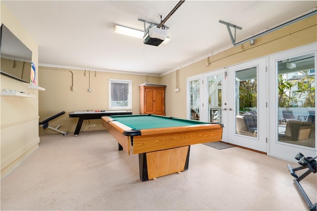 recreation room featuring pool table and french doors