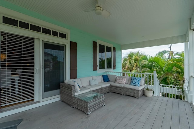 deck with ceiling fan and an outdoor hangout area