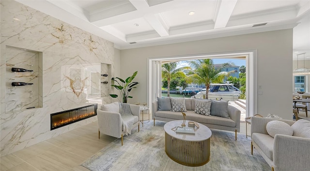 510 Bowsprit Ln, Longboat Key, FL 34228 - living room with a high end fireplace, beamed ceiling, crown molding, and coffered ceiling