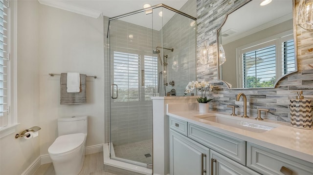 510 Bowsprit Ln, Longboat Key, FL 34228 - full bath with vanity, a stall shower, crown molding, and decorative backsplash