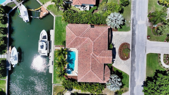 aerial view featuring a water view