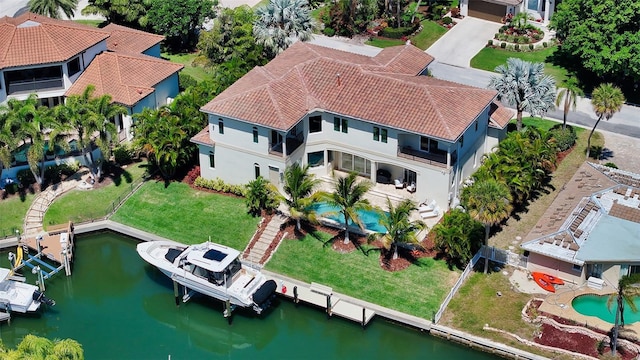 aerial view featuring a water view