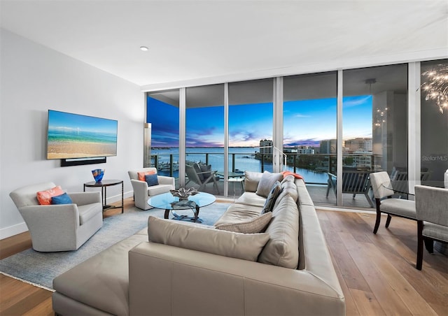 living room featuring light hardwood / wood-style flooring and a wall of windows