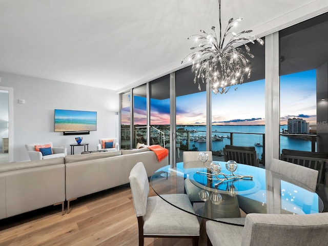 dining room with light hardwood / wood-style flooring and a wall of windows