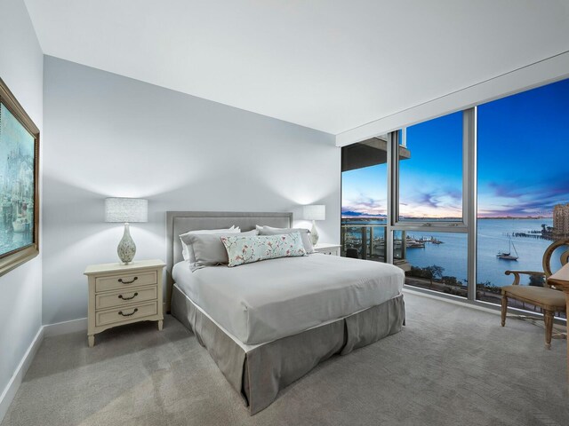 carpeted bedroom featuring a water view and a wall of windows