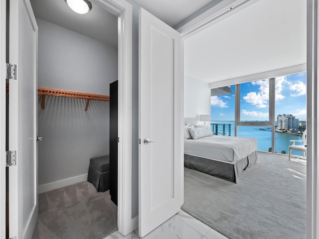 bedroom with access to outside, light carpet, and a water view