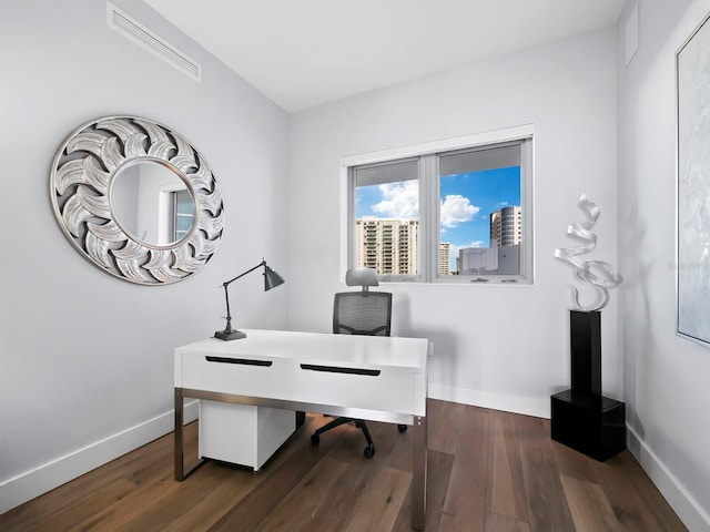 office area with dark wood-type flooring