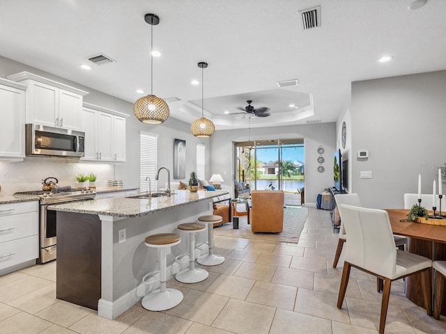 kitchen with appliances with stainless steel finishes, a raised ceiling, ceiling fan, sink, and white cabinetry