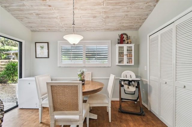 dining space with vaulted ceiling, plenty of natural light, and wood ceiling