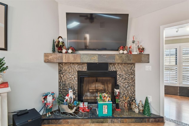 room details with ornamental molding and a fireplace