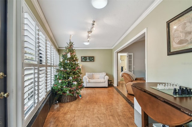 interior space with light hardwood / wood-style floors, rail lighting, a healthy amount of sunlight, and ornamental molding